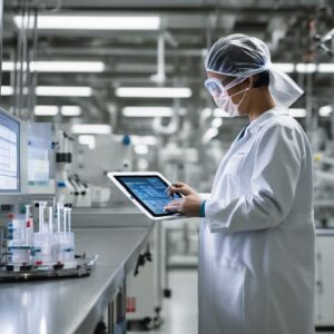 Project coordinator reviewing schedules in a CDMO facility