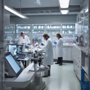 Scientists collaborating in a CDMO lab