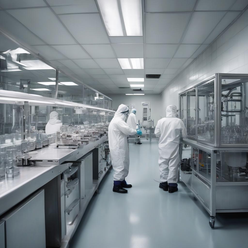 Technicians in a sterile pharmaceutical fill-finish facility.