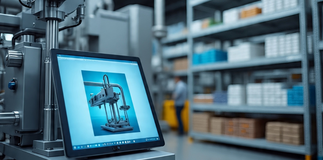 Computer screen in a pharmaceutical manufacturing environment displaying a 3D digital twin model of processing equipment, with warehouse shelves and a technician in the background.