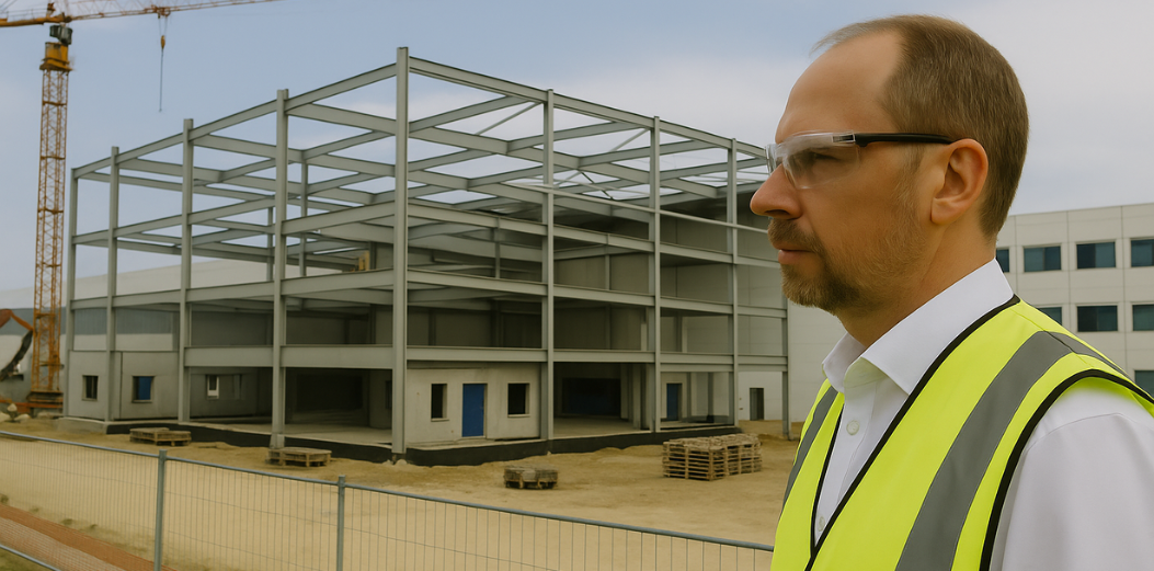 Engineer observing CDMO facility construction site during structural expansion, representing CDMO site expansion trends for mid-sized biotech clients.