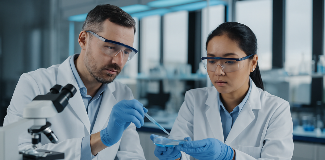 Two scientists wearing lab coats, safety goggles, and gloves work together in a modern laboratory, using a pipette and petri dish beside a microscope and test tubes.