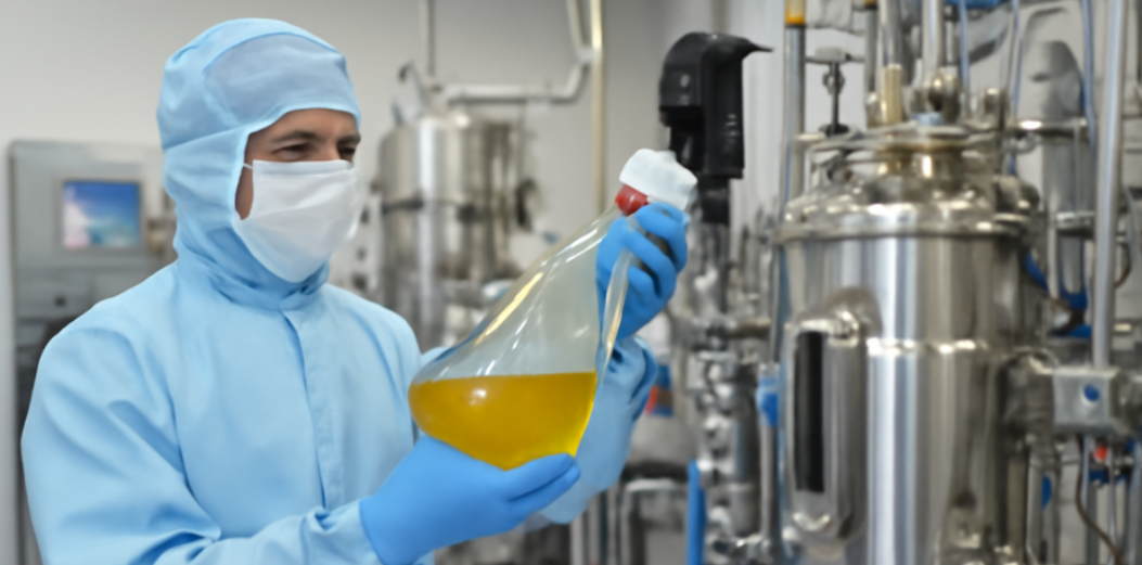 A lab technician in full cleanroom PPE holding and inspecting a large flask of yellow biologic solution inside a stainless-steel bioprocessing facility.