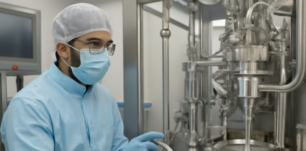 A lab technician in full cleanroom PPE holding and inspecting a large flask of yellow biologic solution inside a stainless-steel bioprocessing facility.