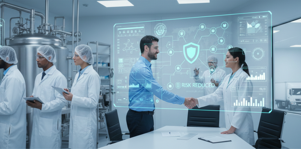 Two pharmaceutical scientists reviewing compliance documents in a cleanroom, symbolizing regulatory oversight and quality assurance in a small-molecule API CDMO partnership.