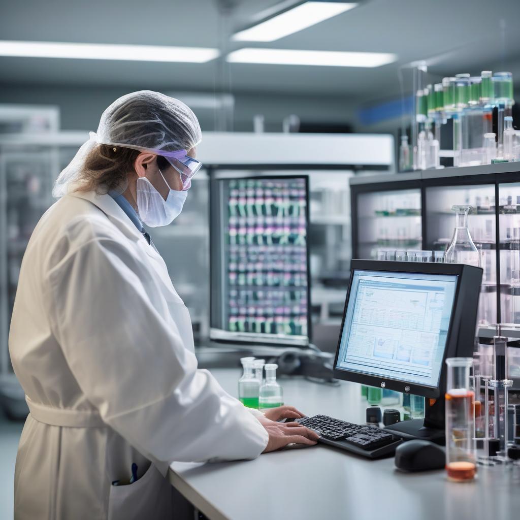 Scientist examining cell culture flasks in a biomanufacturing lab