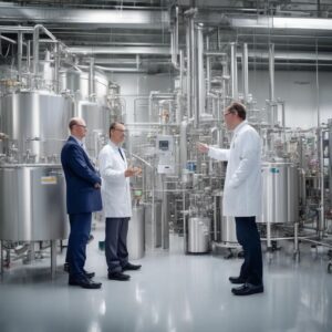 Executives discussing in a CDMO manufacturing facility