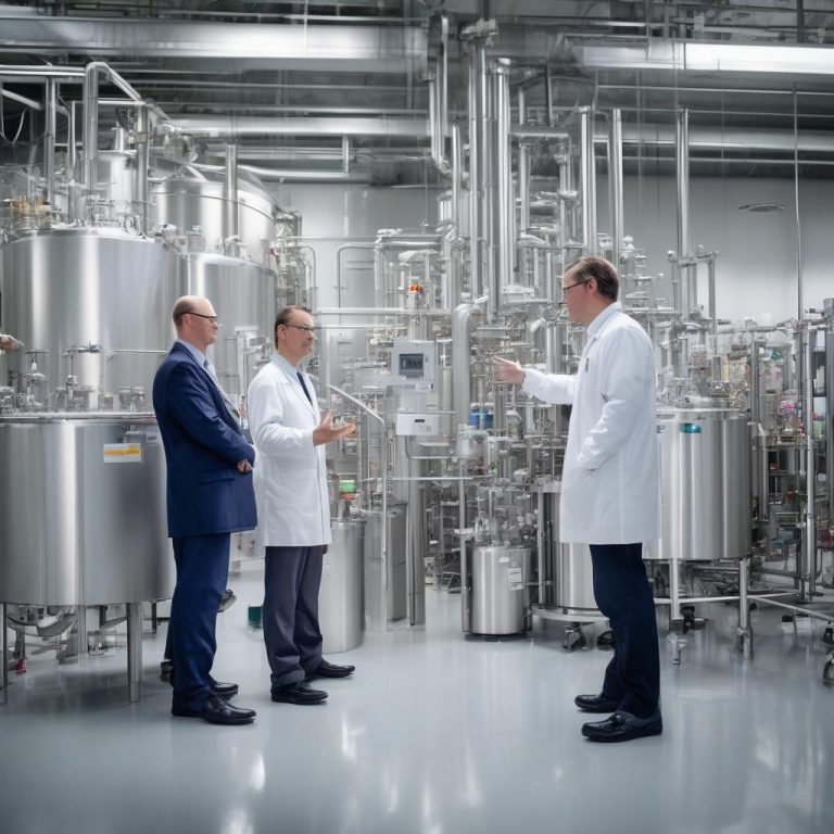 Executives discussing in a CDMO manufacturing facility