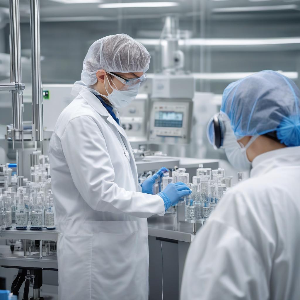 Scientist monitoring continuous bioreactor in antibody manufacturing facility