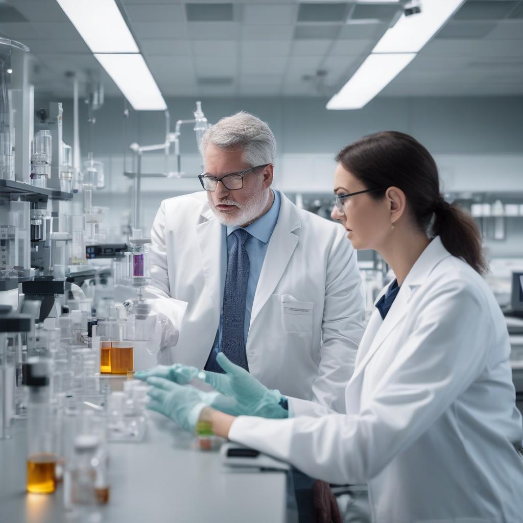 Executives discussing operations in biotech lab