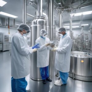 Technicians inspecting bioreactor in a pharmaceutical facility