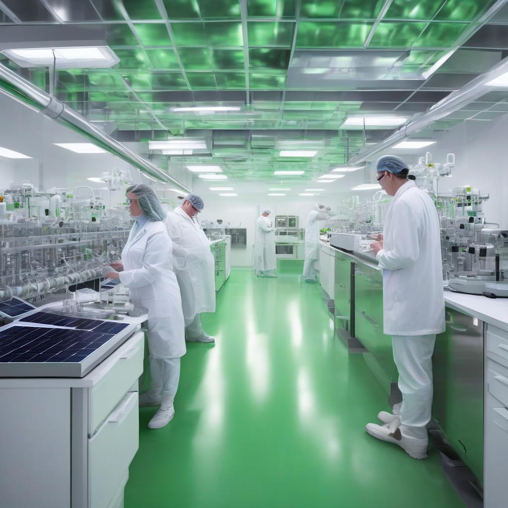 Scientists inspecting eco friendly CDMO facility with solar panels