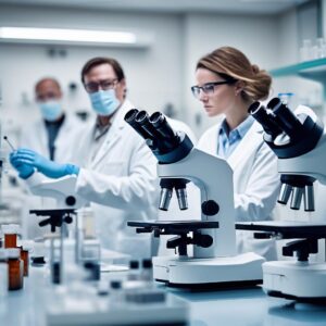 Scientists analyzing iPSC samples in a biotech lab