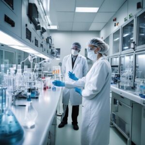 Scientists in CDMO facility operating bioreactors