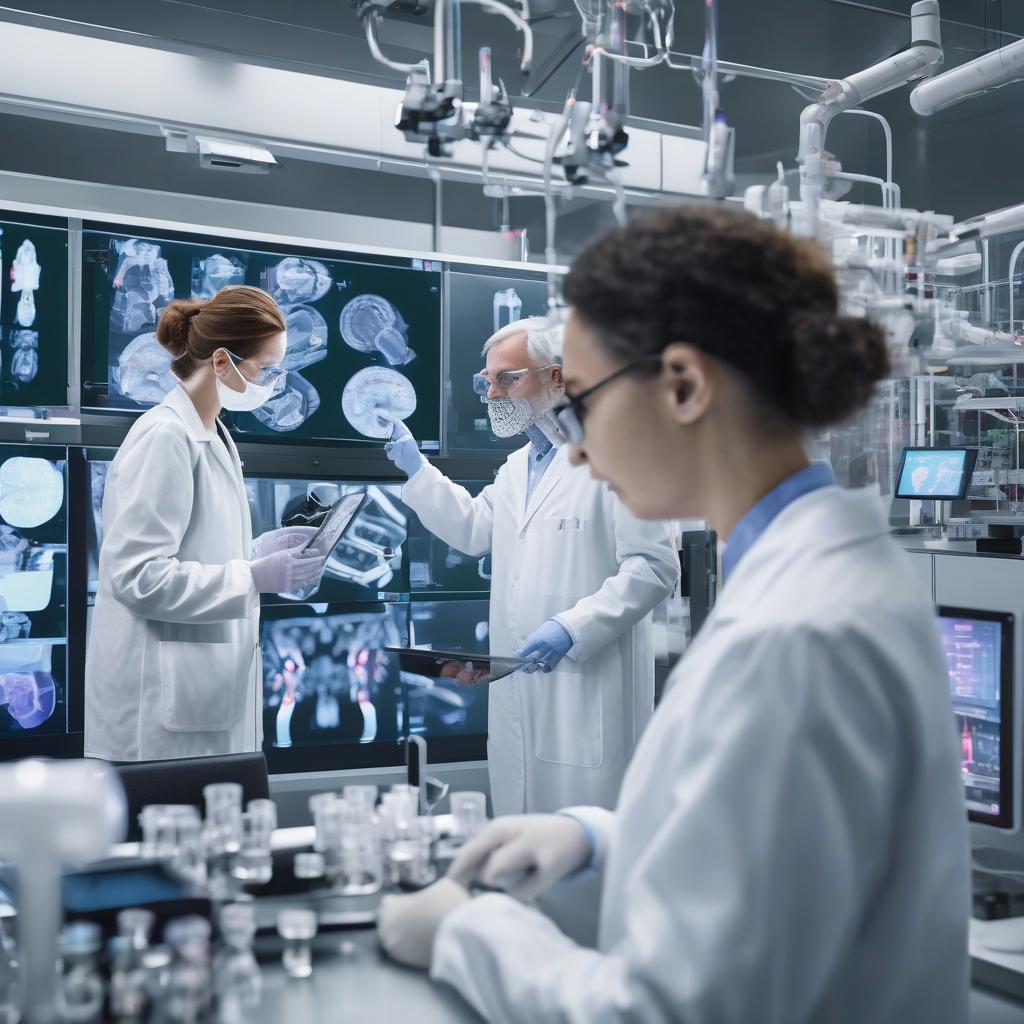 Scientists collaborating in a high-tech AI-driven CDMO lab