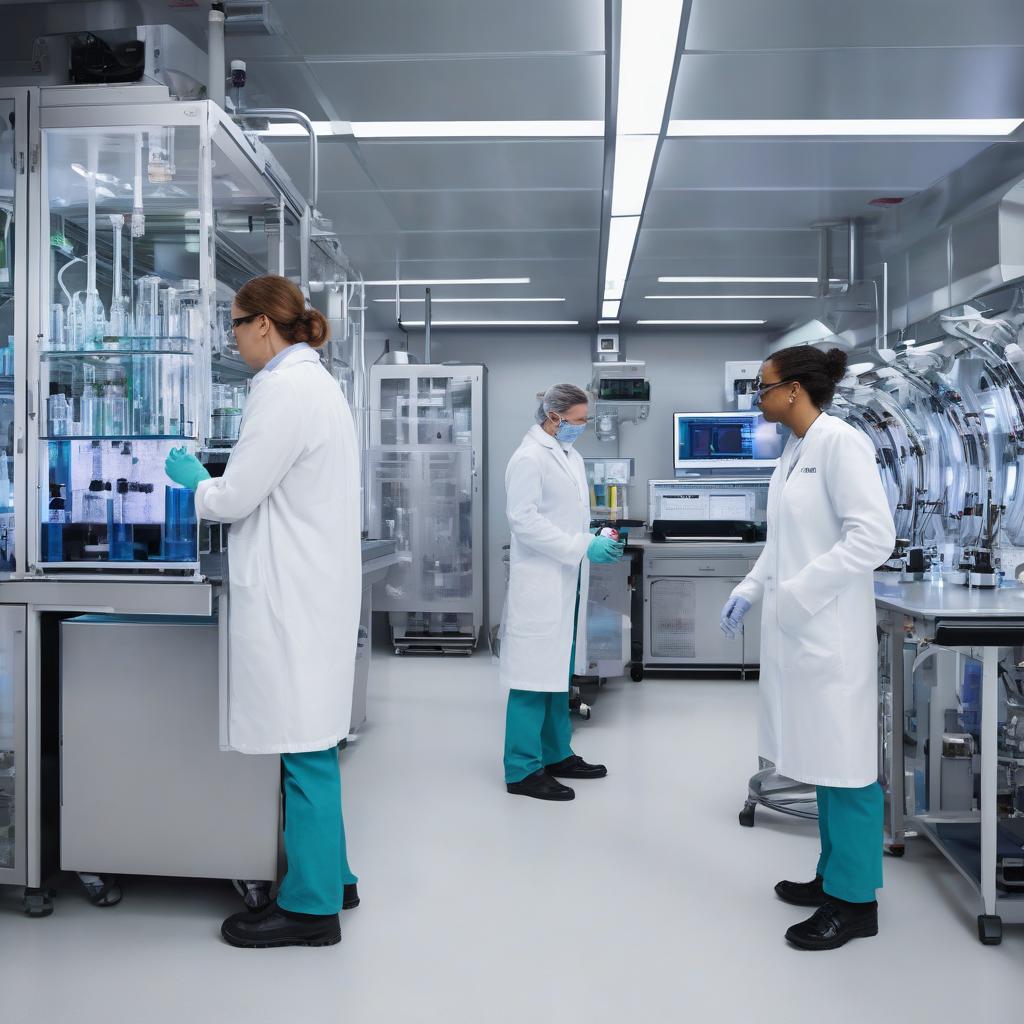 Scientists monitoring automated RNA production equipment in a biomanufacturing facility
