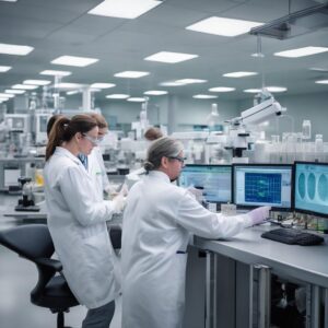 Scientists collaborating in biopharma CDMO lab