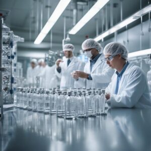 Scientists inspecting oncology drug vials in a CDMO facility
