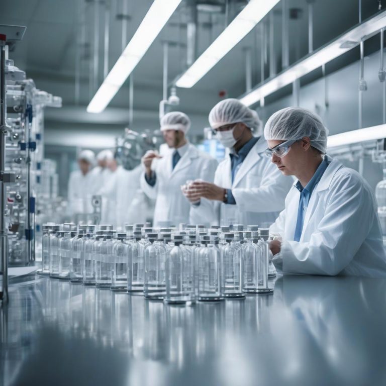 Scientists inspecting oncology drug vials in a CDMO facility