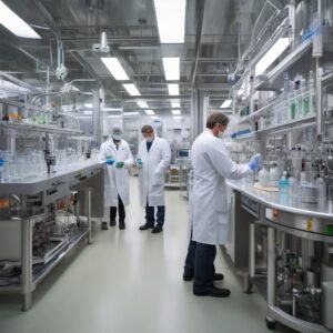 Scientists working in pharmaceutical manufacturing facility