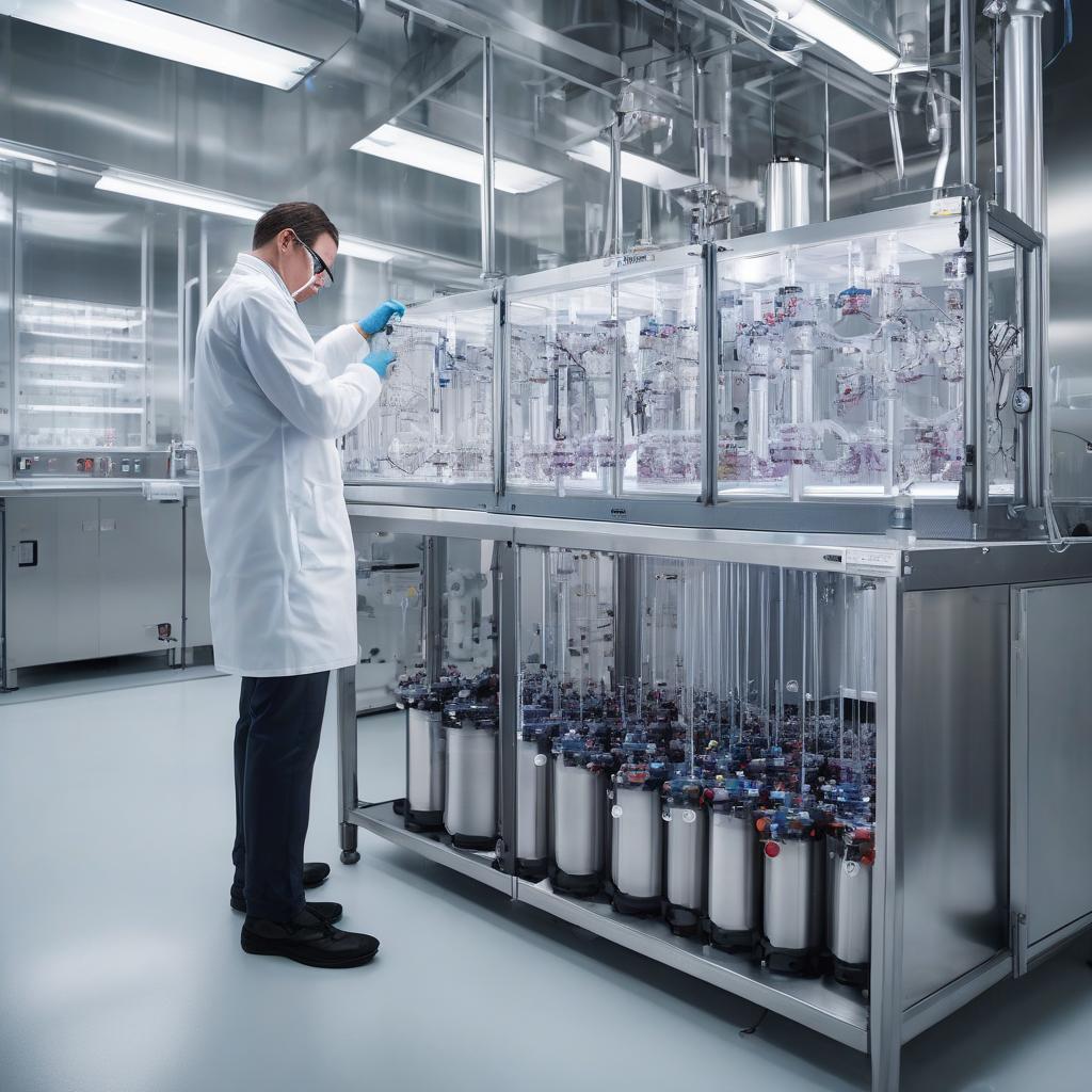 Scientist inspecting viral vector production equipment in a biomanufacturing facility