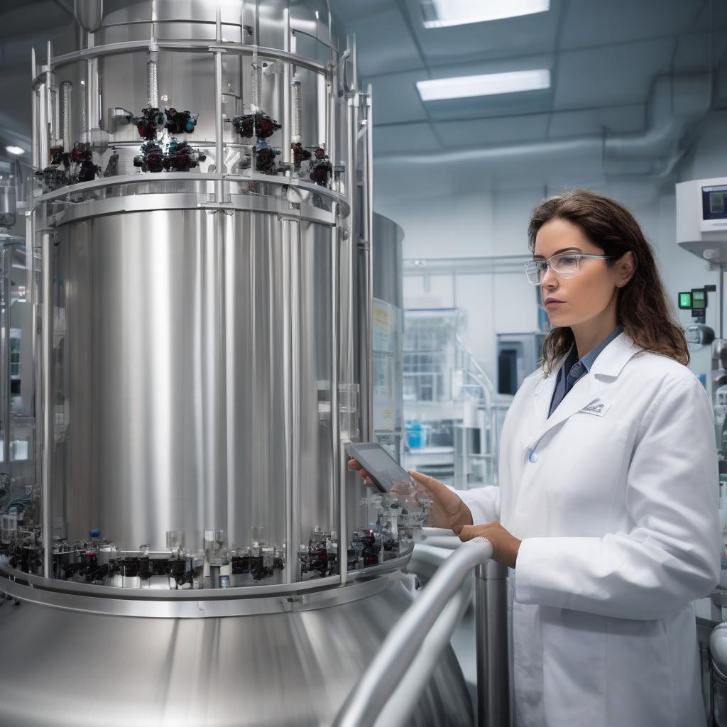 Scientist examining single-use bioreactor in CDMO facility