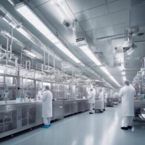 Engineers inspecting sustainable pharmaceutical manufacturing equipment