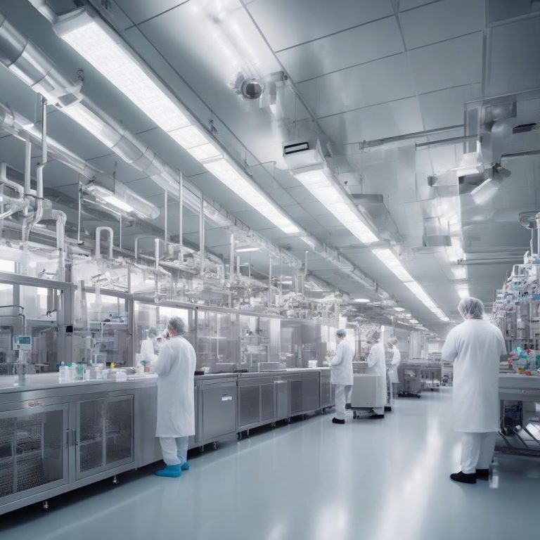 Engineers inspecting sustainable pharmaceutical manufacturing equipment