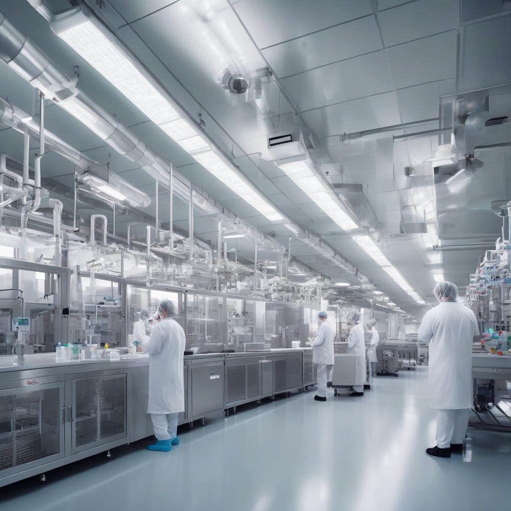 Engineers inspecting sustainable pharmaceutical manufacturing equipment