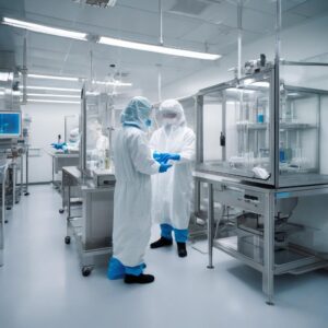 Technicians in sterile cleanroom operating injectable manufacturing equipment