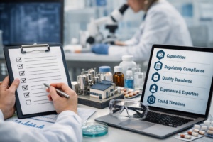 Pharmaceutical sponsor reviewing a checklist and evaluating CDMO capabilities for drug development in a modern laboratory setting