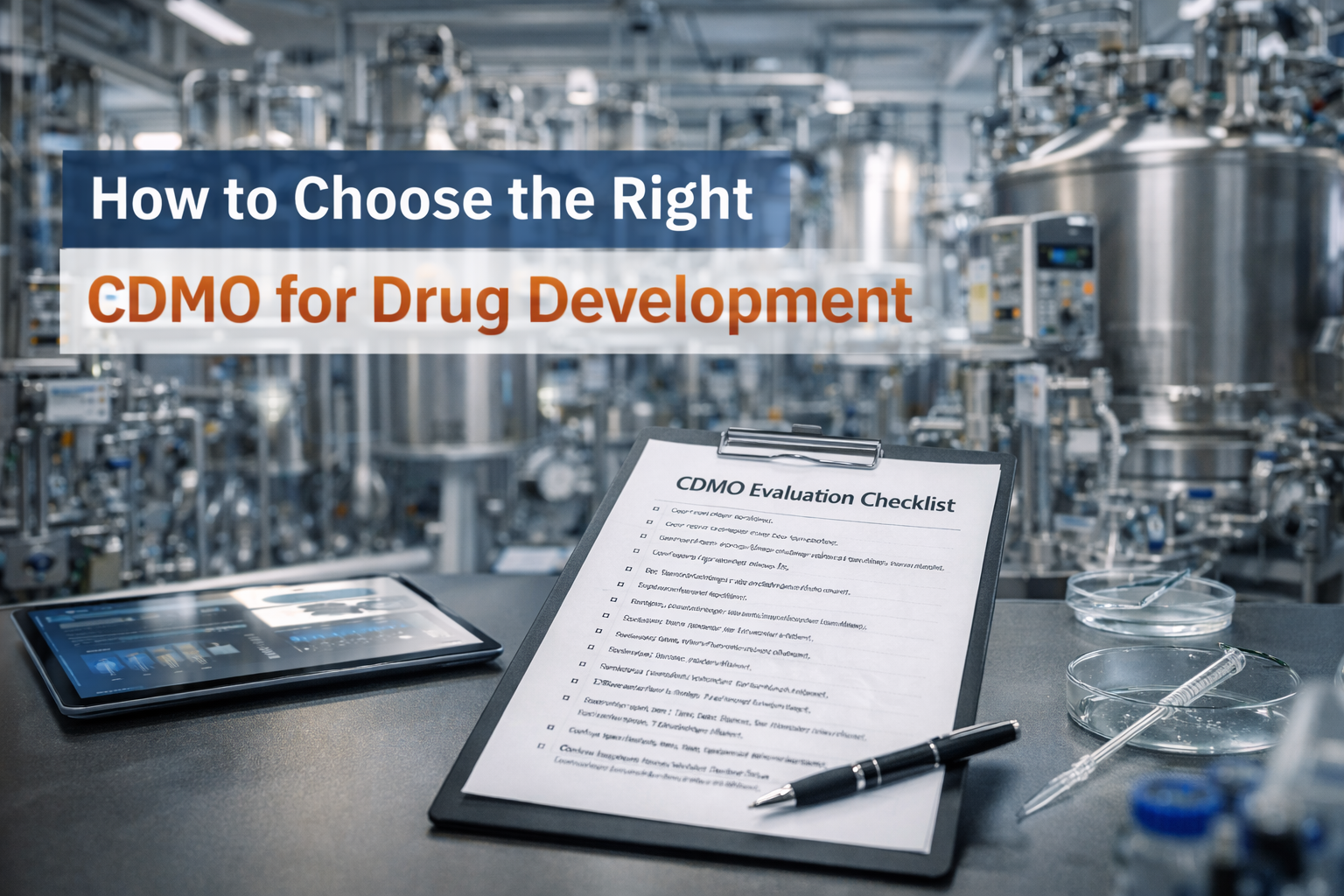 Modern biologics manufacturing facility with CDMO evaluation checklist and pharmaceutical production equipment, representing CDMO selection for drug development.