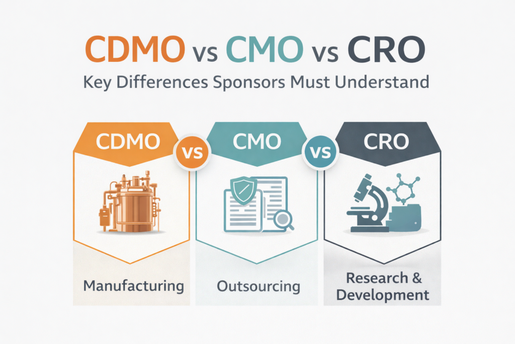 Comparison graphic showing key differences between CDMO, CMO, and CRO in pharmaceutical development