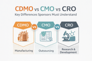 Comparison graphic showing key differences between CDMO, CMO, and CRO in pharmaceutical development