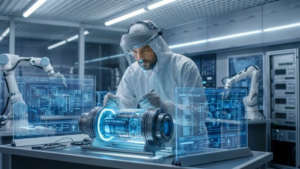 Scientist working on biologics manufacturing process in a high-tech laboratory using advanced bioreactor and digital monitoring systems.