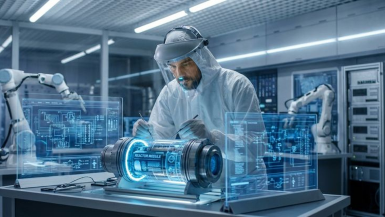 Scientist working on biologics manufacturing process in a high-tech laboratory using advanced bioreactor and digital monitoring systems.