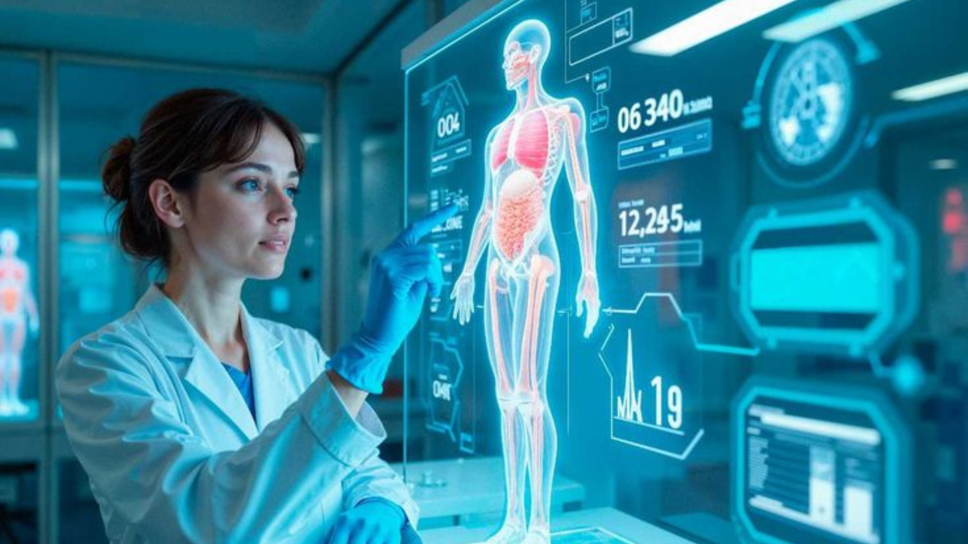 Scientist reviewing biologics tech transfer data using advanced digital medical interface in a high-tech laboratory.