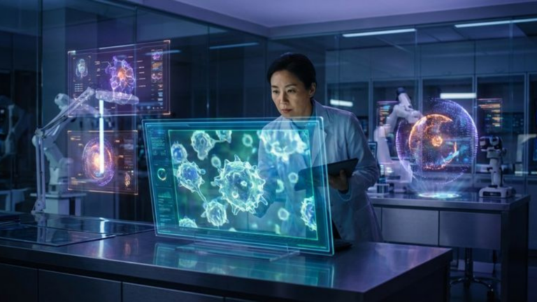 Scientist analyzing biologics manufacturing timeline using advanced digital displays and molecular data in a modern laboratory.