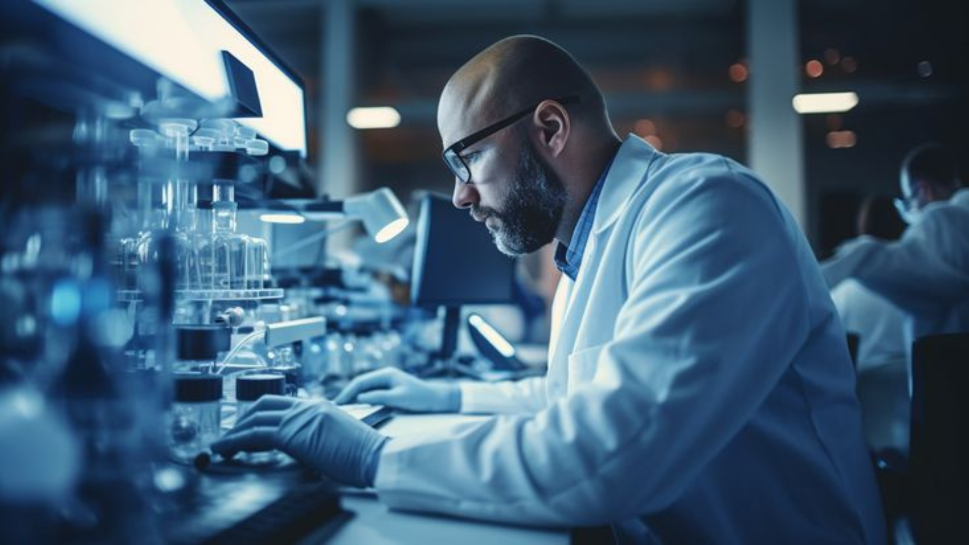 Scientist working in a biologics CDMO laboratory performing pharmaceutical manufacturing processes