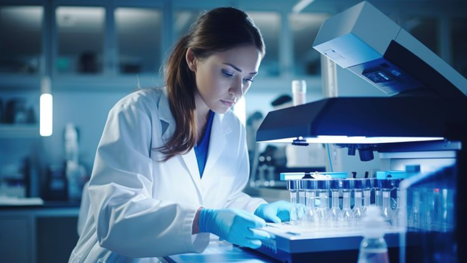 Scientist working in a pharmaceutical laboratory evaluating biologics manufacturing processes for outsourcing decisions