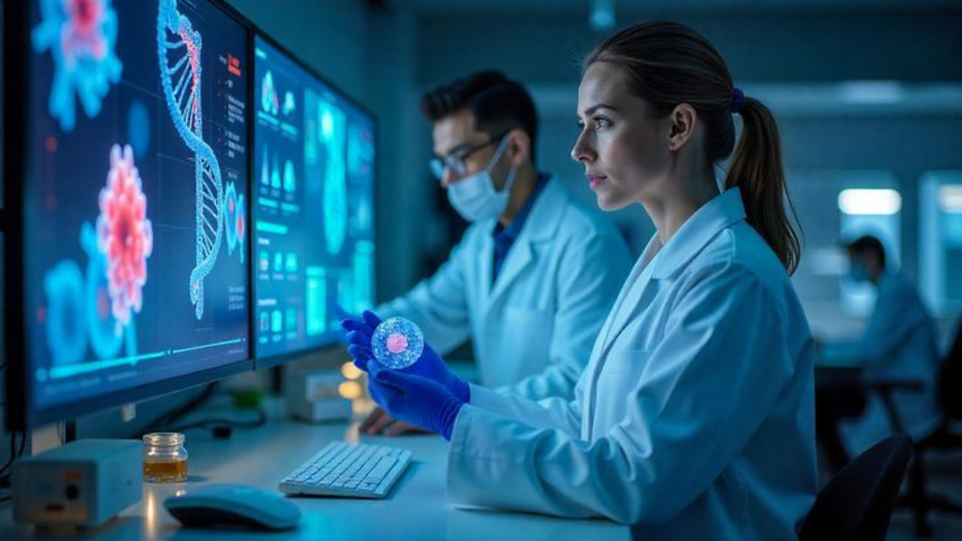 Scientists analyzing biologics CDMO services using advanced laboratory and digital biotechnology tools