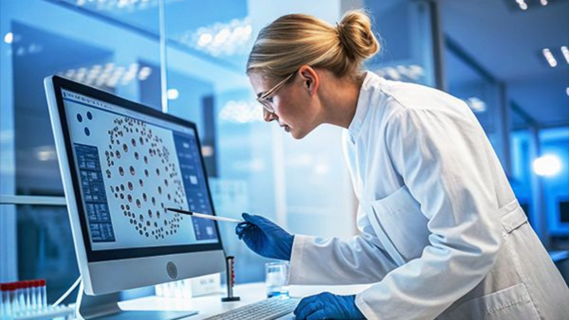 Scientist analyzing biologics data on a digital screen to support biologics CDMO selection decisions