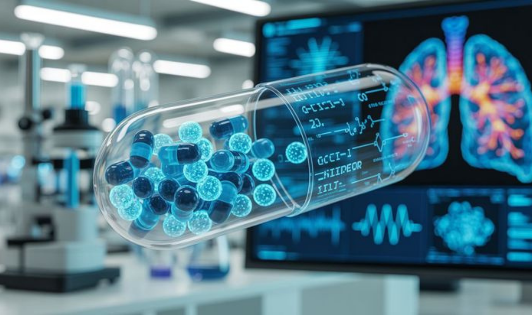 Biologics tech transfer to CDMOs illustrated through advanced pharmaceutical molecules and digital data networks representing process transfer.