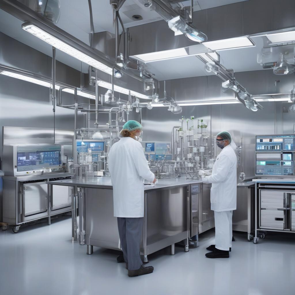 Modern pharmaceutical manufacturing facility with bioreactors and operators