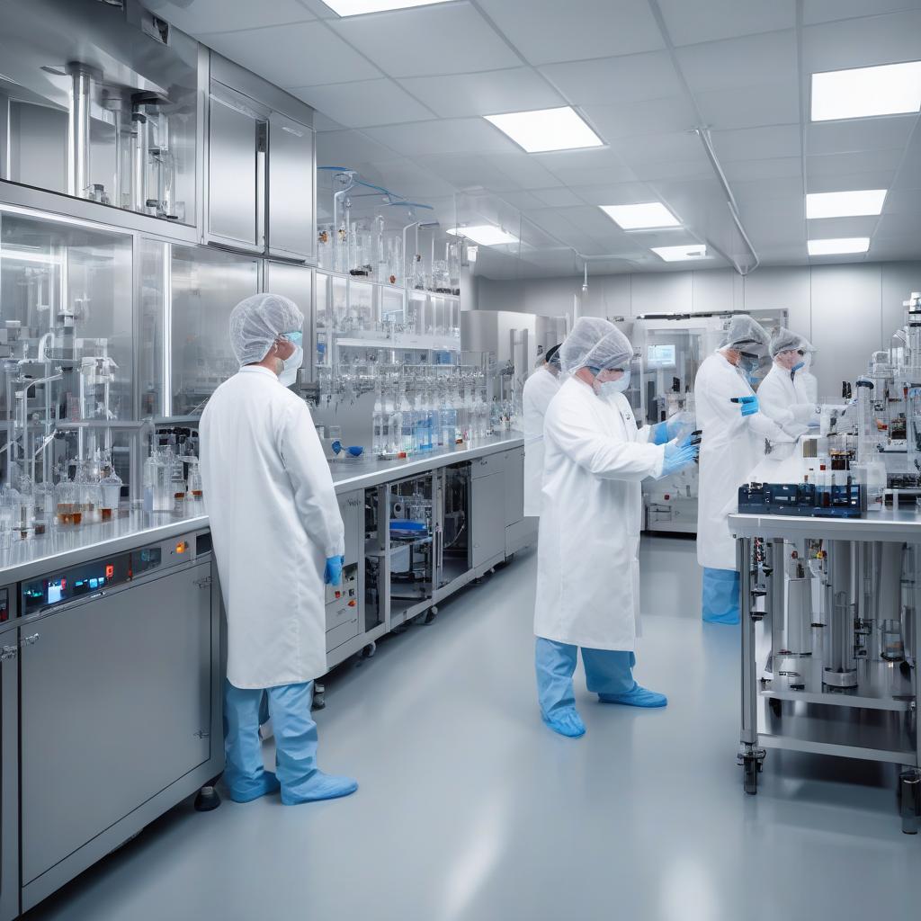 Pharmaceutical scientists operating automated RNA production equipment in a clean room.