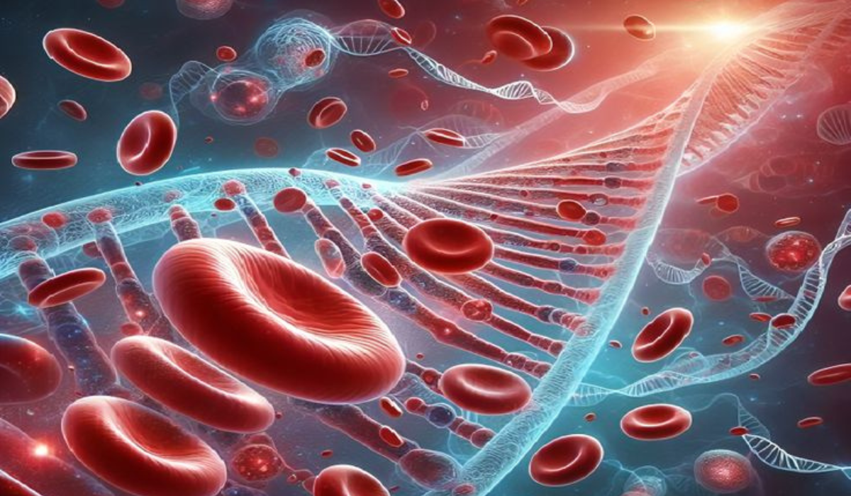An illustration showing red blood cells in a fluid environment with a DNA helix in the background, symbolizing the intersection of blood biology and genetic research.