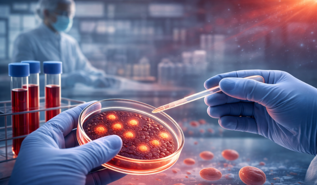 A lab technician in blue gloves adds a droplet to a Petri dish containing glowing mycoplasma colonies, while test tubes are prepared in the background in a modern laboratory setup.