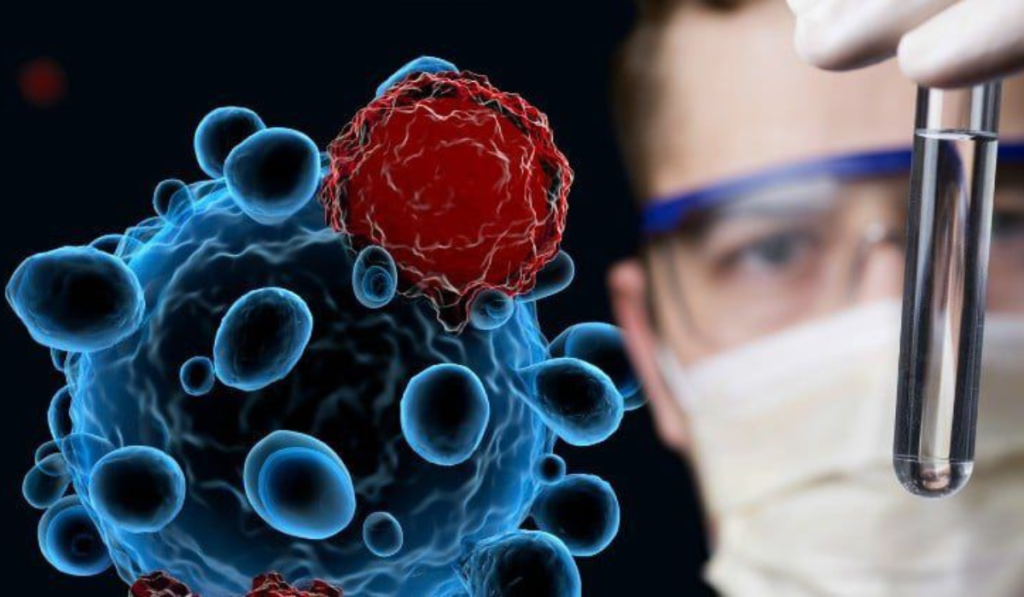 A researcher holding a test tube while examining cancerous cells under a microscope, illustrating biological research and testing in a lab environment.