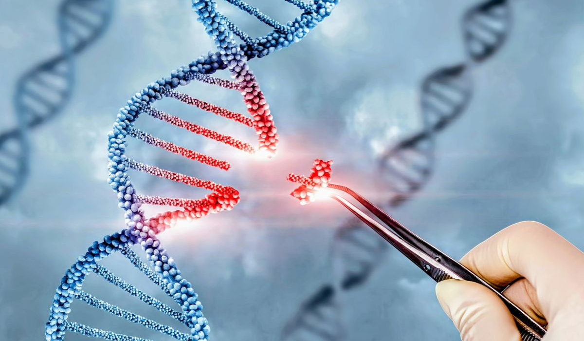 A hand holding tweezers is shown cutting DNA strands, symbolizing genetic engineering and plasmid DNA technology transfer in a lab setting.