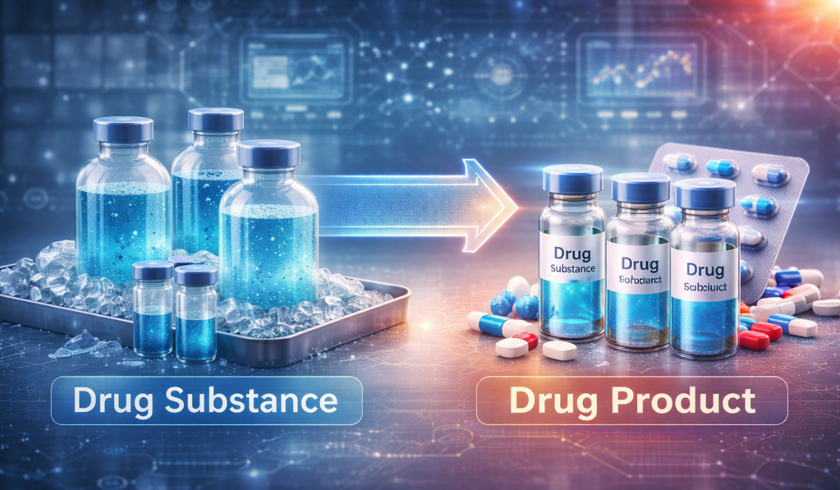 A digital illustration contrasting drug substance and drug product, with vials of blue liquid on the left representing drug substance, and vials with capsules and tablets on the right representing drug products, all set in a futuristic lab environment.